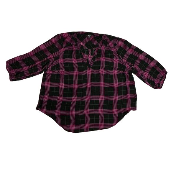 Torrid Pink & Black Plaid Blouse Size 2 (2X) Sheer Split Neckline 3/4 Sleeve Top - Picture 1 of 7